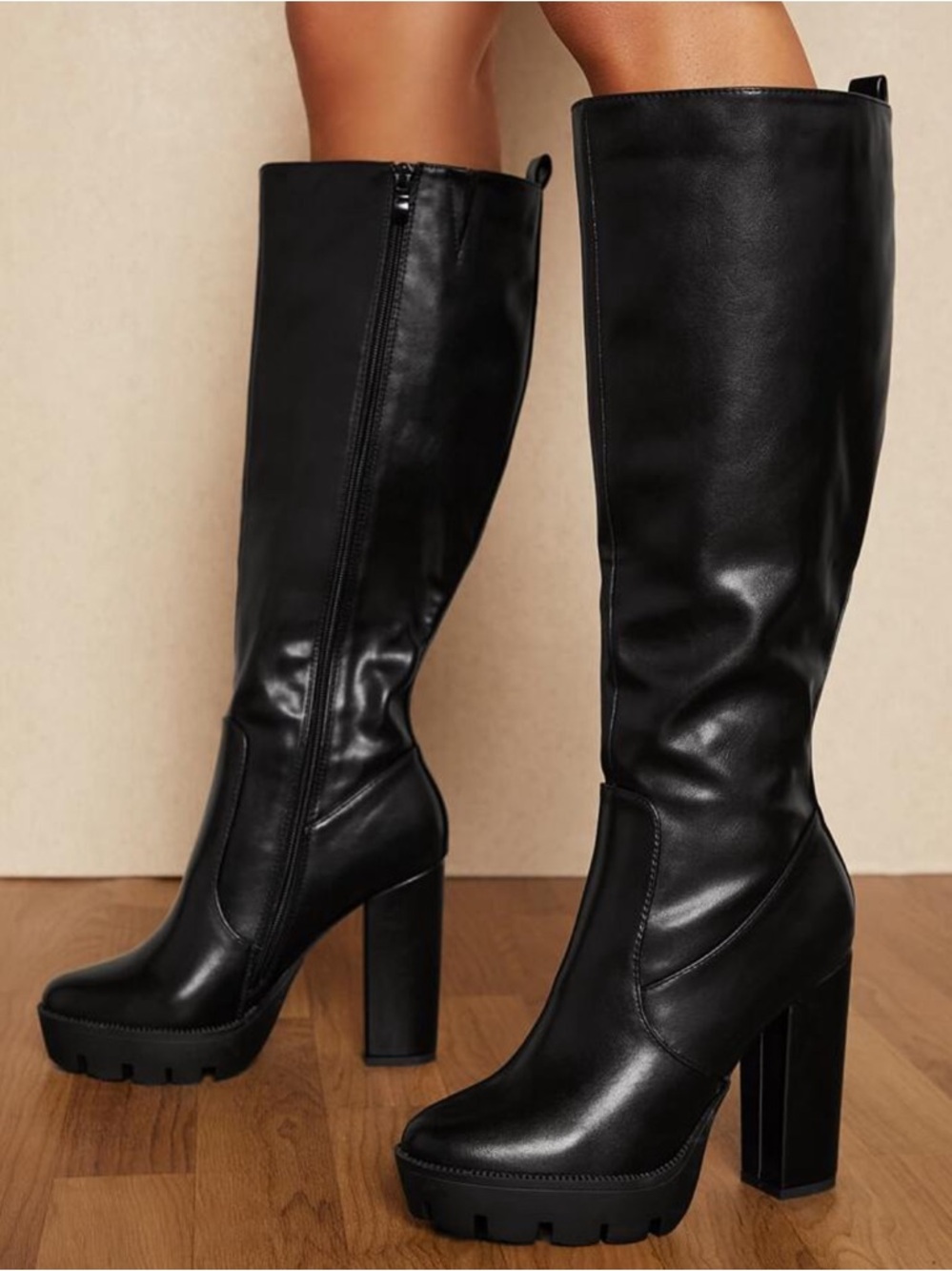 Women's Black Knee-High Platform Block Heel Boots